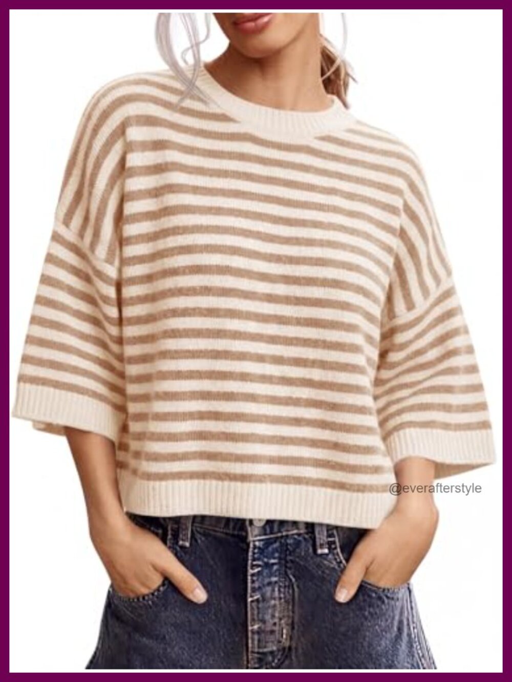 Oversized Striped Knit Sweater Pullover Crew Neck Short Sleeve